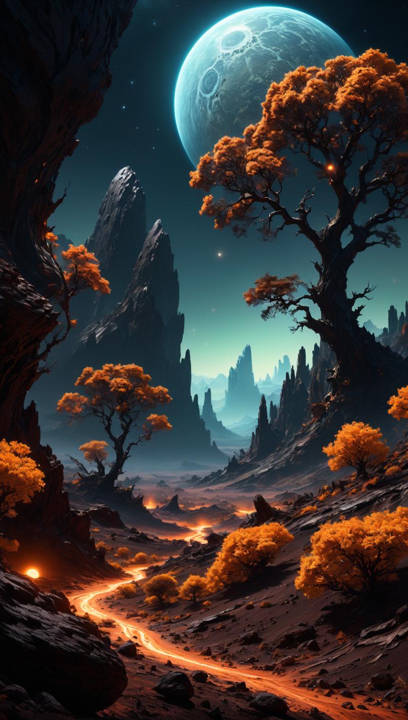 01369-2786338116-Landscape of a dark far away planet, rock and organic soil, glowing trees, UHD, masterpiece, trending on artstation, sharp focus.png